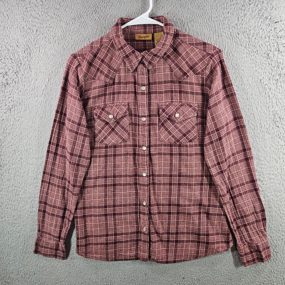 Wrangler‎ Womens Small Burgundy Plaid Western Snap Flannel Shirt